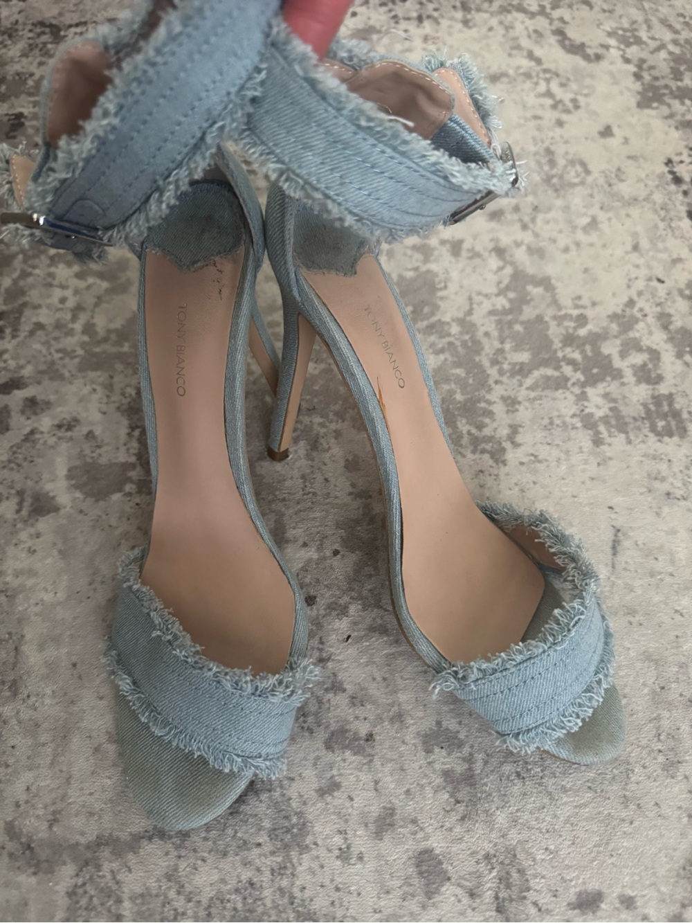 Tony Bianco Light Blue Frayed Denim Ankle-Strap Stilettos